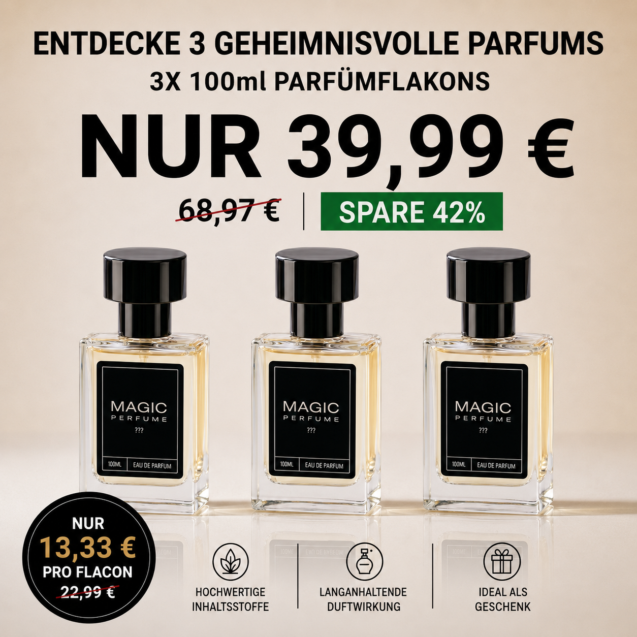 Geheimnisvolle Parfums – 3X 100ml Parfümflakons